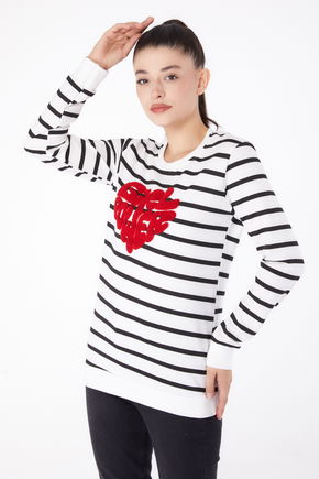 Düz Bisiklet Yaka Kadın Beyaz Nakışlı Sweatshirt - 26288