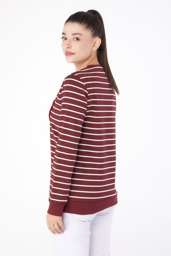 Düz Bisiklet Yaka Kadın Bordo Nakışlı Sweatshirt - 26288