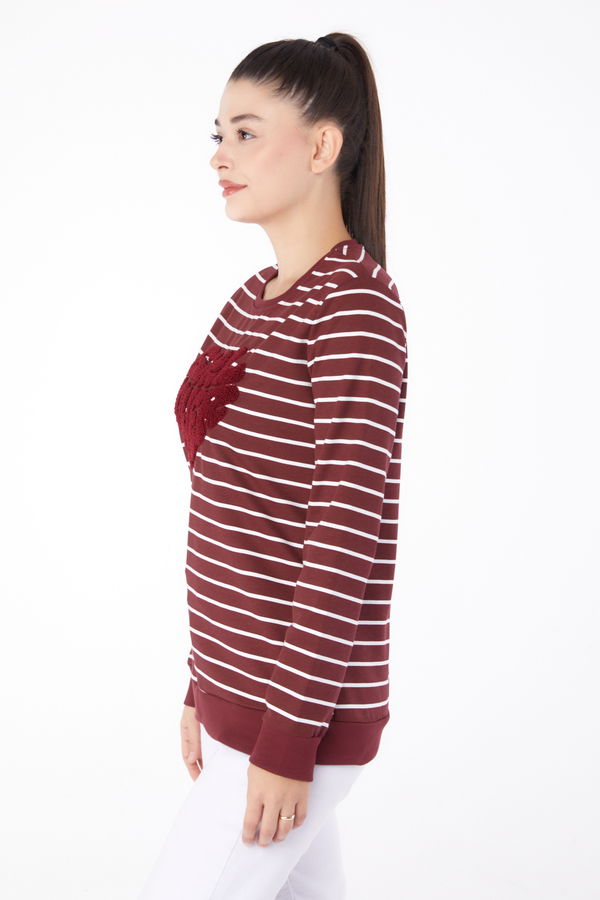 Düz Bisiklet Yaka Kadın Bordo Nakışlı Sweatshirt - 26288