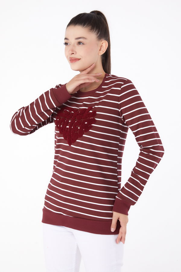 Düz Bisiklet Yaka Kadın Bordo Nakışlı Sweatshirt - 26288