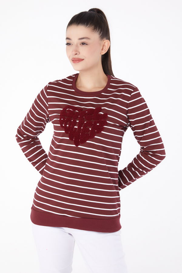 Düz Bisiklet Yaka Kadın Bordo Nakışlı Sweatshirt - 26288