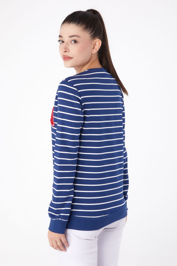 Düz Bisiklet Yaka Kadın Lacivert Nakışlı Sweatshirt - 26291 LACİVERT