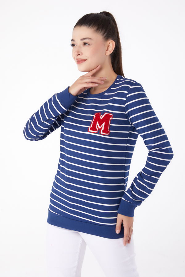 Düz Bisiklet Yaka Kadın Lacivert Nakışlı Sweatshirt - 26291 LACİVERT