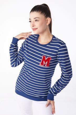 Düz Bisiklet Yaka Kadın Lacivert Nakışlı Sweatshirt - 26291