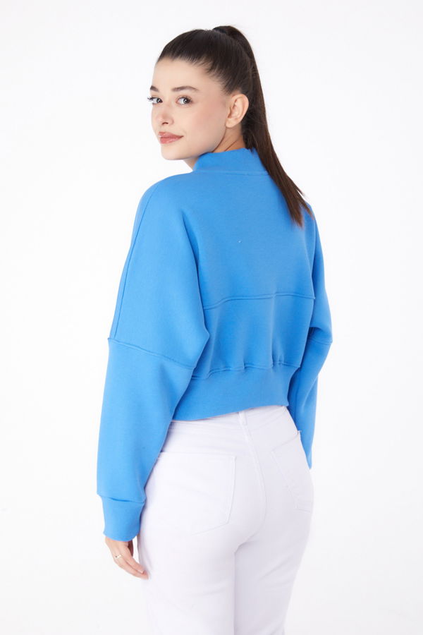 Düz Hakim Yaka Kadın Mavi Fermuarlı Crop Sweatshirt - 26274 MAVİ