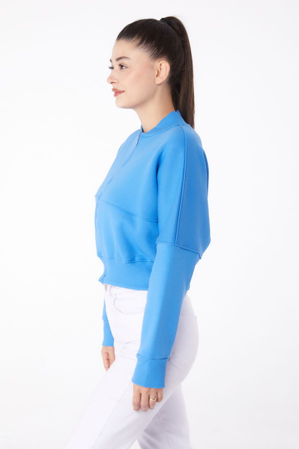Düz Hakim Yaka Kadın Mavi Fermuarlı Crop Sweatshirt - 26274 MAVİ