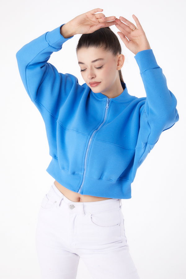Düz Hakim Yaka Kadın Mavi Fermuarlı Crop Sweatshirt - 26274 MAVİ