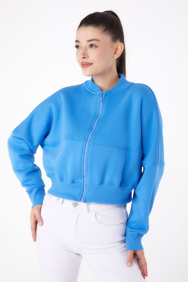 Düz Hakim Yaka Kadın Mavi Fermuarlı Crop Sweatshirt - 26274 MAVİ