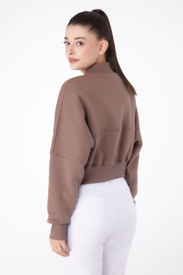 Düz Hakim Yaka Kadın Vizon Fermuarlı Crop Sweatshirt - 26274 VİZON
