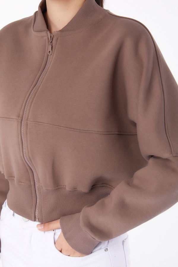 Düz Hakim Yaka Kadın Vizon Fermuarlı Crop Sweatshirt - 26274 VİZON