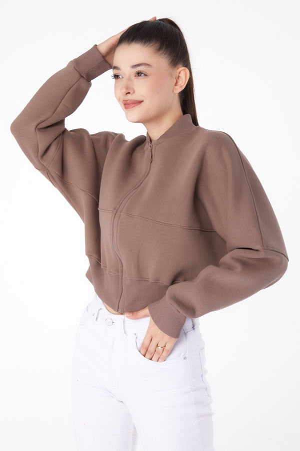 Düz Hakim Yaka Kadın Vizon Fermuarlı Crop Sweatshirt - 26274 VİZON