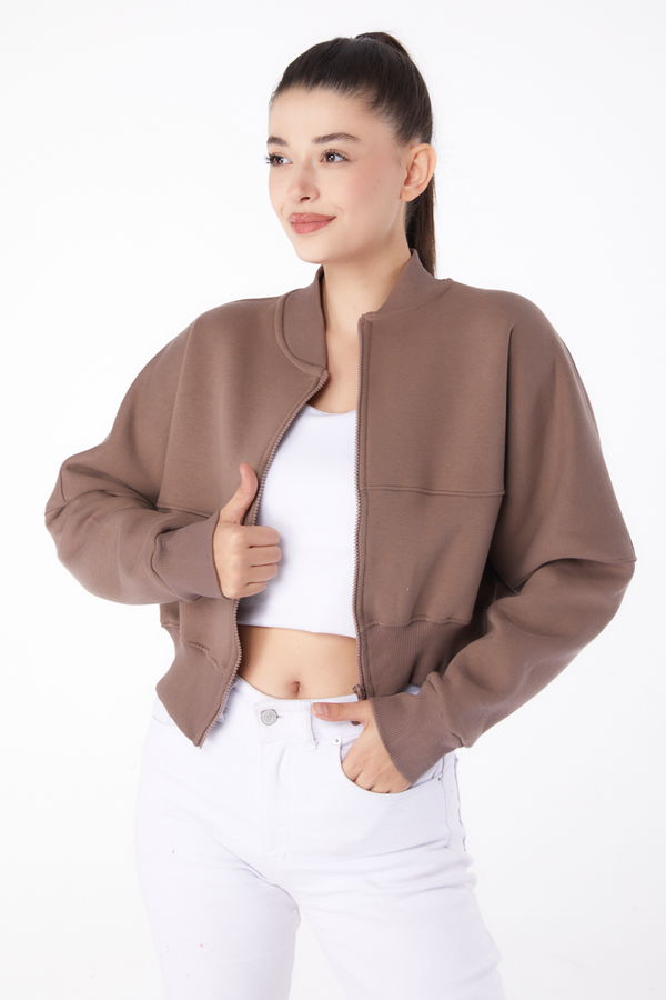 Düz Hakim Yaka Kadın Vizon Fermuarlı Crop Sweatshirt - 26274 VİZON