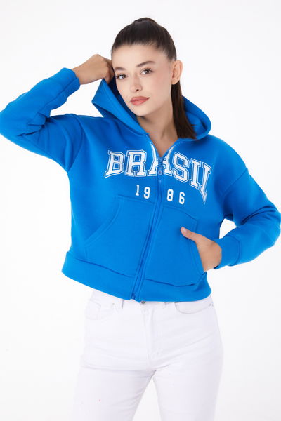 Düz Kapşonlu Yaka Kadın Mavi Fermuarlı Crop Sweatshirt - 26278