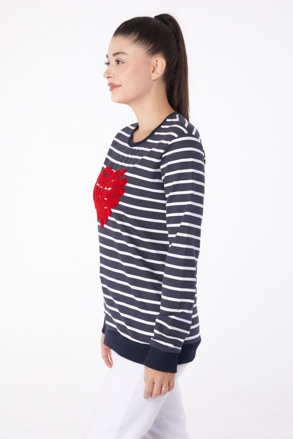 Düz Bisiklet Yaka Kadın Antrasit Nakışlı Sweatshirt - 26288