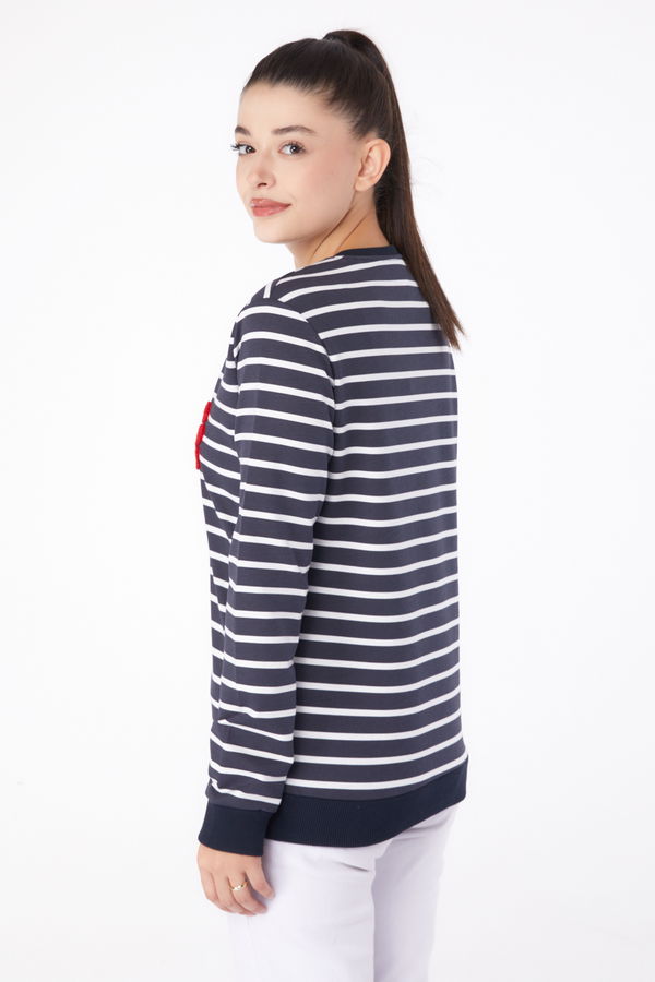 Düz Bisiklet Yaka Kadın Antrasit Nakışlı Sweatshirt - 26288