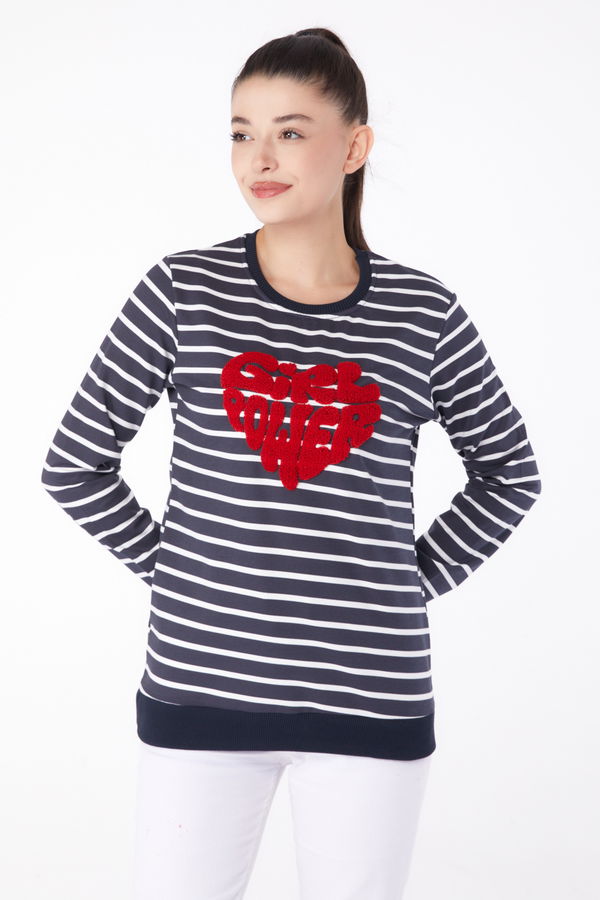 Düz Bisiklet Yaka Kadın Antrasit Nakışlı Sweatshirt - 26288