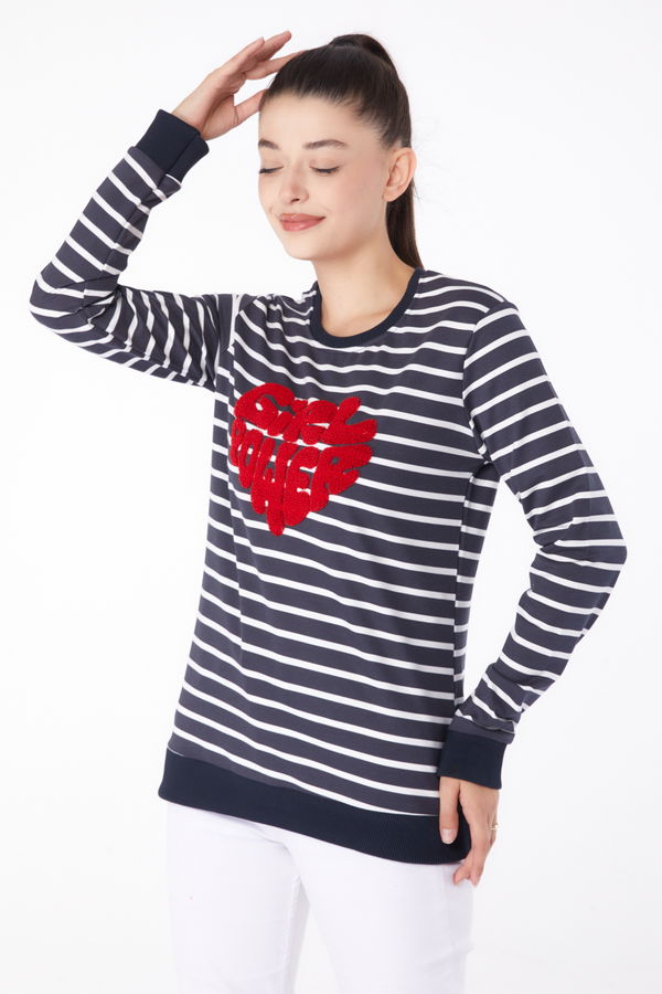 Düz Bisiklet Yaka Kadın Antrasit Nakışlı Sweatshirt - 26288