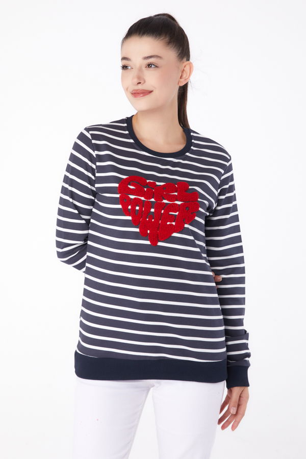 Düz Bisiklet Yaka Kadın Antrasit Nakışlı Sweatshirt - 26288