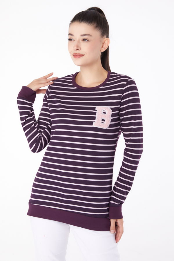 Düz Bisiklet Yaka Kadın Mor Nakışlı Sweatshirt - 26289 MOR