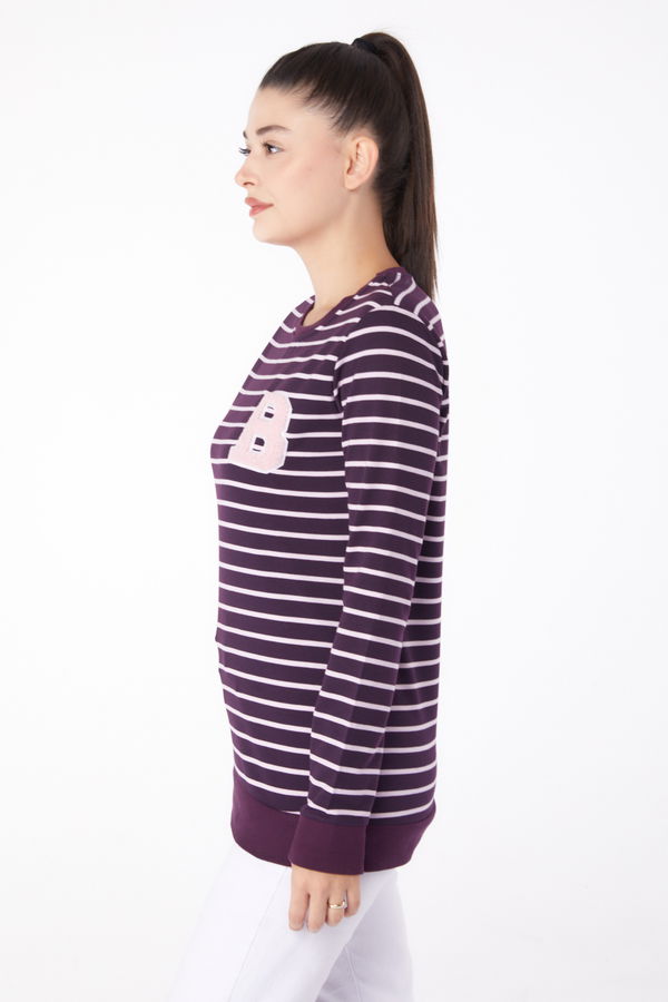 Düz Bisiklet Yaka Kadın Mor Nakışlı Sweatshirt - 26289 MOR