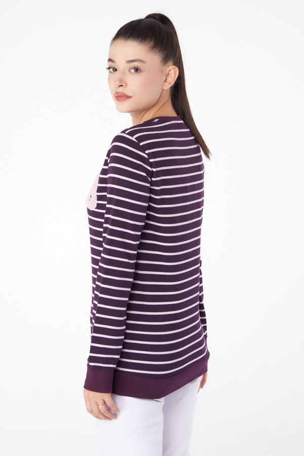 Düz Bisiklet Yaka Kadın Mor Nakışlı Sweatshirt - 26289 MOR