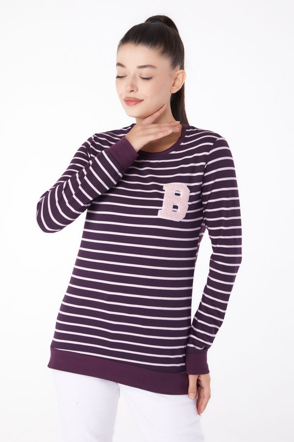 Düz Bisiklet Yaka Kadın Mor Nakışlı Sweatshirt - 26289 MOR