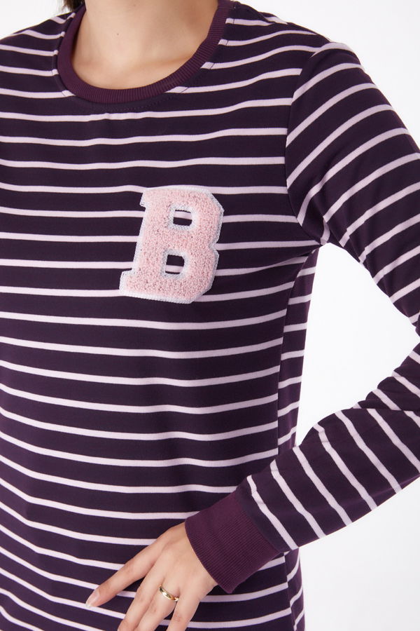 Düz Bisiklet Yaka Kadın Mor Nakışlı Sweatshirt - 26289 MOR