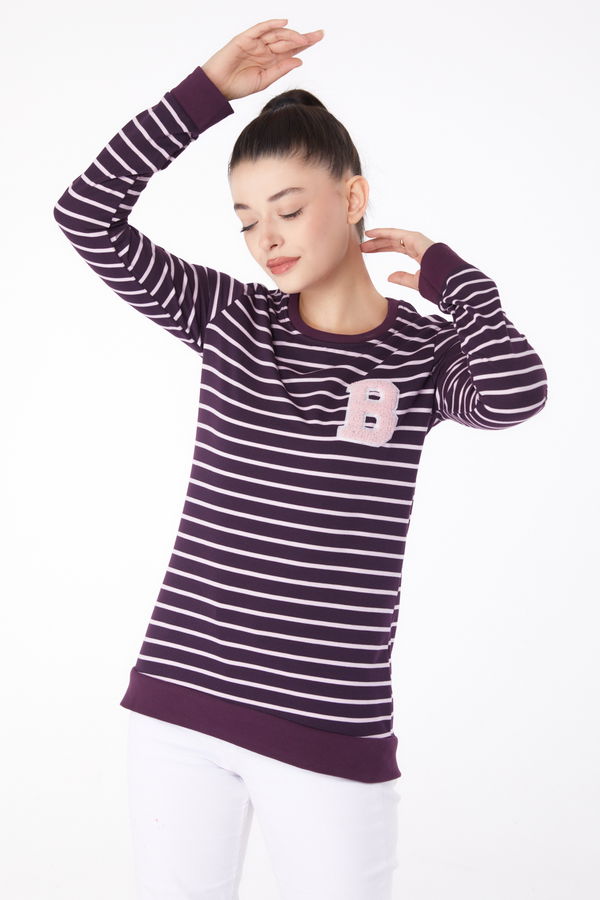 Düz Bisiklet Yaka Kadın Mor Nakışlı Sweatshirt - 26289 MOR