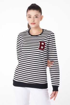 Düz Bisiklet Yaka Kadın Siyah Nakışlı Sweatshirt - 26289