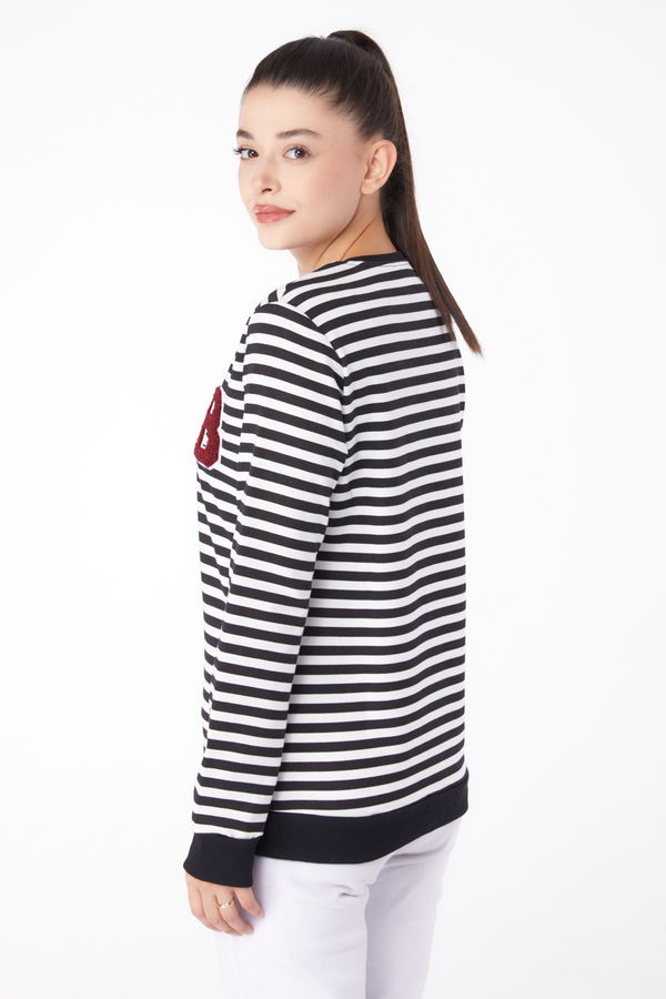 Düz Bisiklet Yaka Kadın Siyah Nakışlı Sweatshirt - 26289 SİYAH