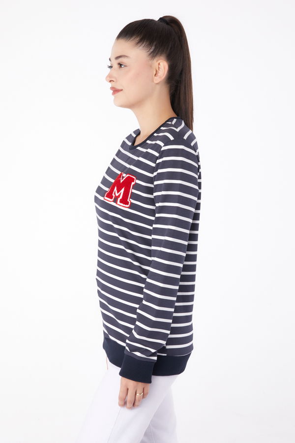 Düz Bisiklet Yaka Kadın Antrasit Nakışlı Sweatshirt - 26291 ANTRASİT