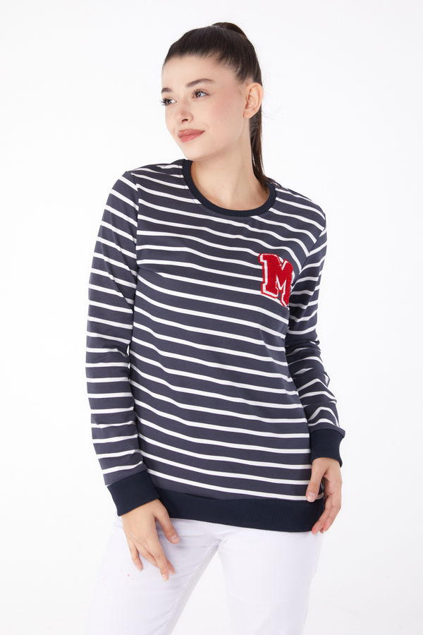 Düz Bisiklet Yaka Kadın Antrasit Nakışlı Sweatshirt - 26291 ANTRASİT