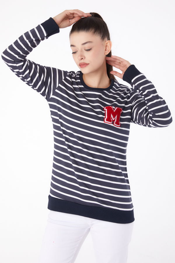 Düz Bisiklet Yaka Kadın Antrasit Nakışlı Sweatshirt - 26291 ANTRASİT