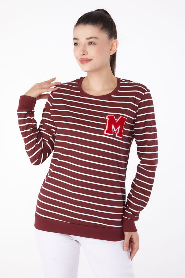 Düz Bisiklet Yaka Kadın Bordo Nakışlı Sweatshirt - 26291 BORDO