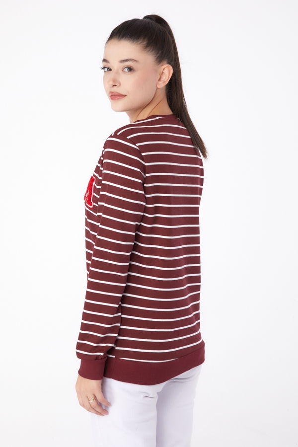 Düz Bisiklet Yaka Kadın Bordo Nakışlı Sweatshirt - 26291 BORDO