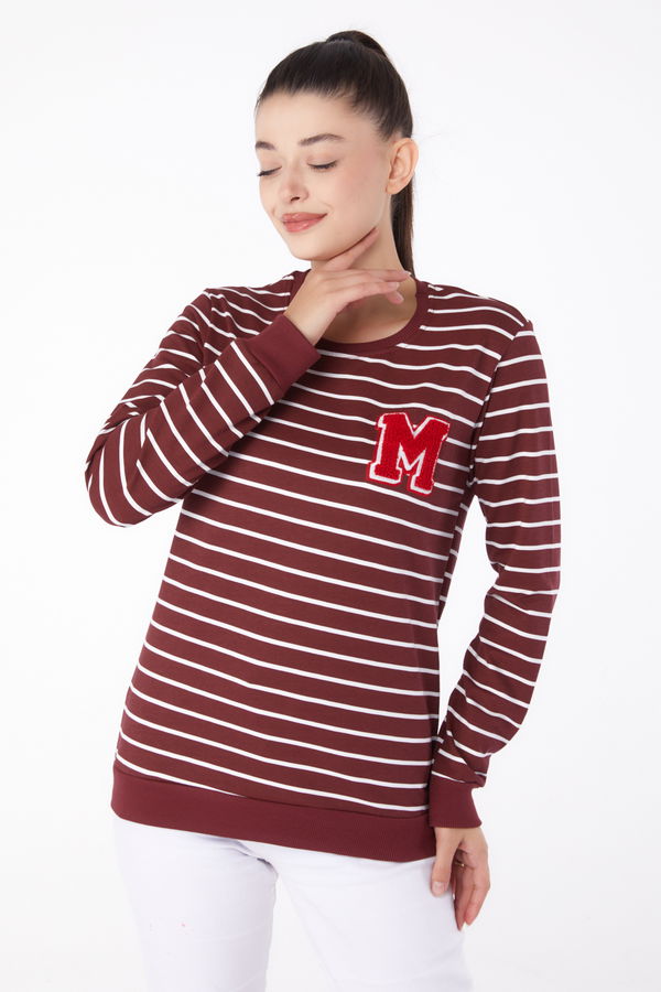 Düz Bisiklet Yaka Kadın Bordo Nakışlı Sweatshirt - 26291 BORDO