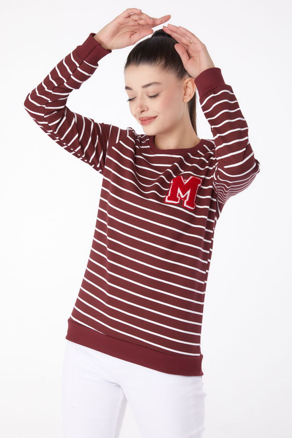 Düz Bisiklet Yaka Kadın Bordo Nakışlı Sweatshirt - 26291 BORDO