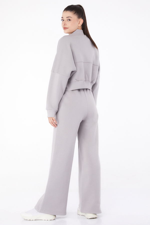 Düz Hakim Yaka Kadın Gri Fermuarlı Crop Sweatshirt - 26274 GRİ