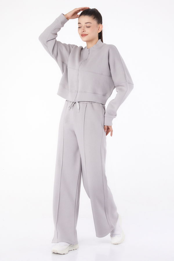 Düz Hakim Yaka Kadın Gri Fermuarlı Crop Sweatshirt - 26274 GRİ