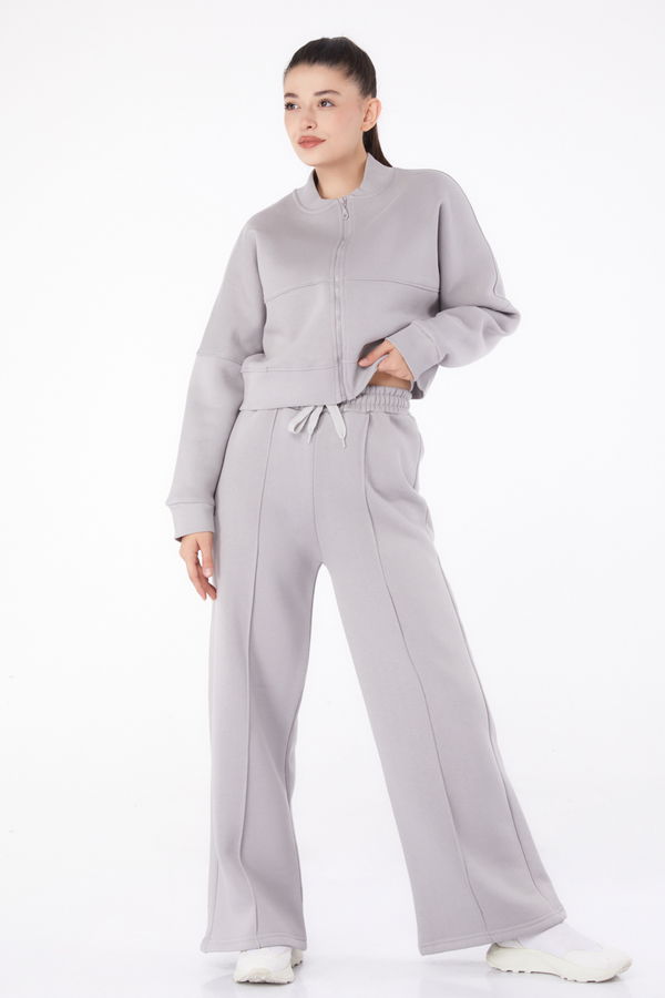 Düz Hakim Yaka Kadın Gri Fermuarlı Crop Sweatshirt - 26274 GRİ