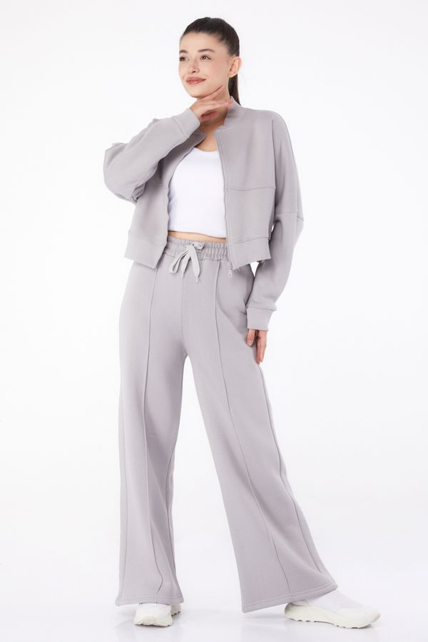 Düz Hakim Yaka Kadın Gri Fermuarlı Crop Sweatshirt - 26274 GRİ