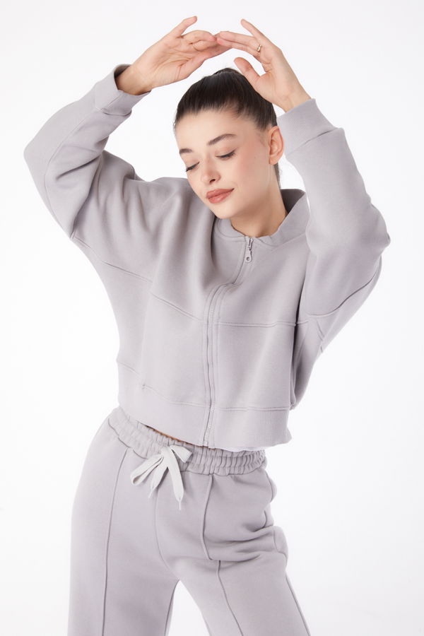 Düz Hakim Yaka Kadın Gri Fermuarlı Crop Sweatshirt - 26274 GRİ