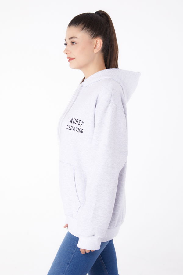 Düz Kapşonlu Yaka Kadın Gri Baskılı Sweatshirt - 26279