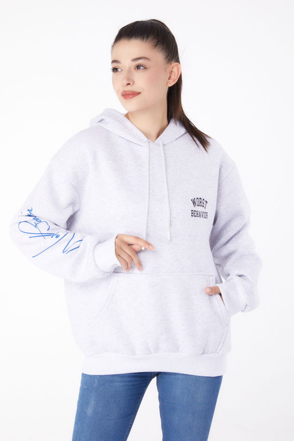 Düz Kapşonlu Yaka Kadın Gri Baskılı Sweatshirt - 26279