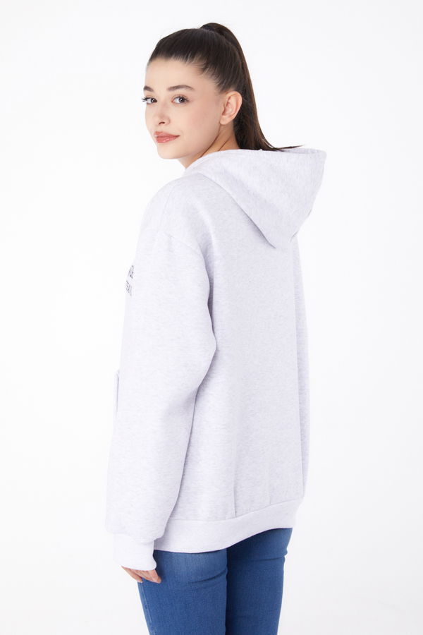Düz Kapşonlu Yaka Kadın Gri Baskılı Sweatshirt - 26279