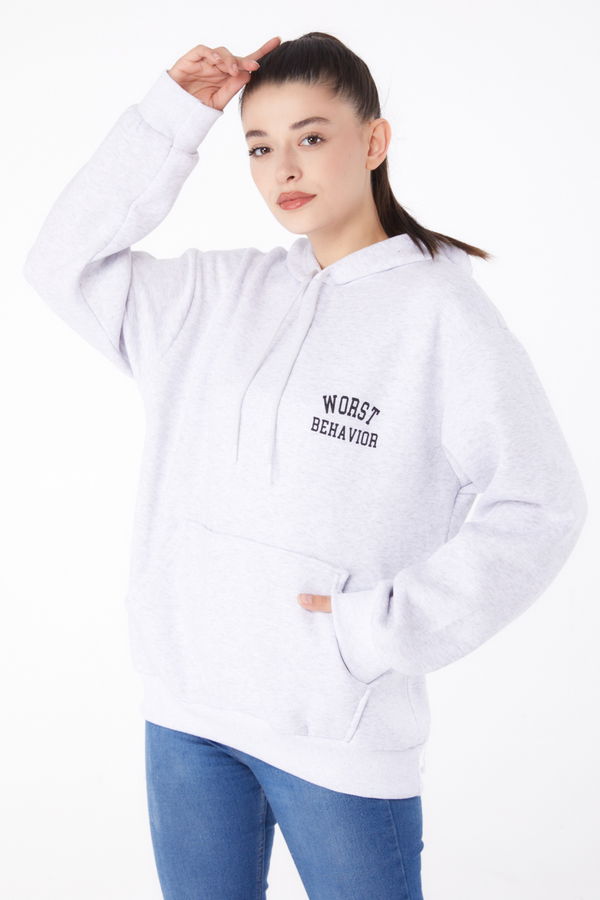 Düz Kapşonlu Yaka Kadın Gri Baskılı Sweatshirt - 26279