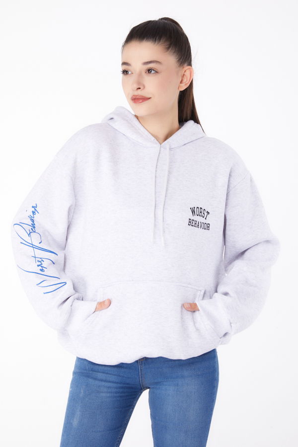 Düz Kapşonlu Yaka Kadın Gri Baskılı Sweatshirt - 26279