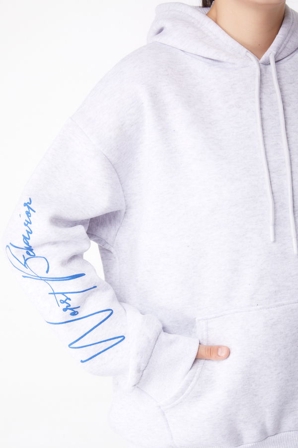 Düz Kapşonlu Yaka Kadın Gri Baskılı Sweatshirt - 26279