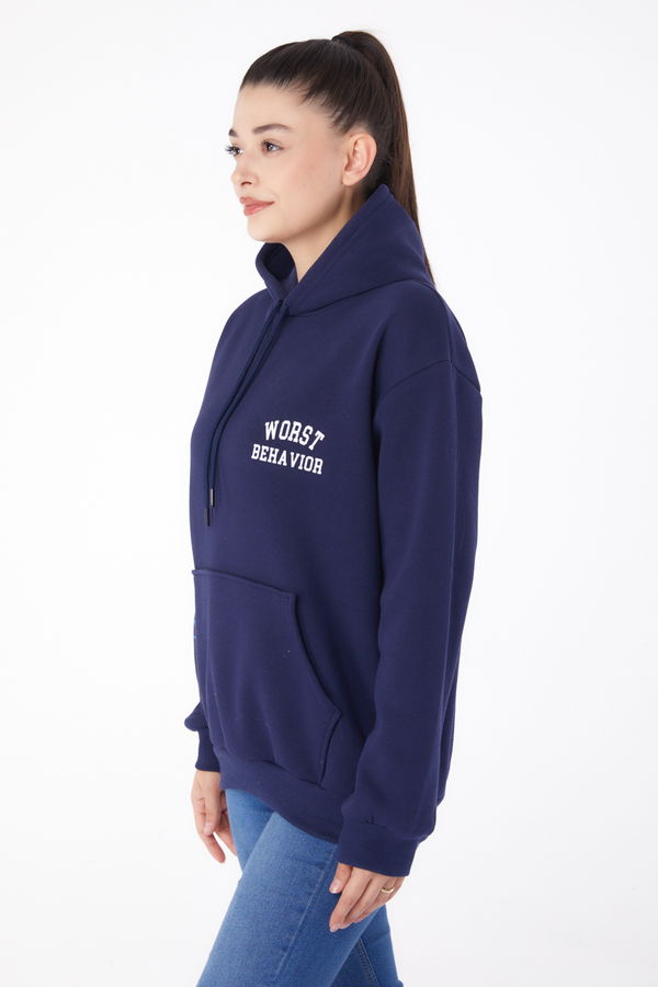 Düz Kapşonlu Yaka Kadın Lacivert Baskılı Sweatshirt - 26279 LACİVERT