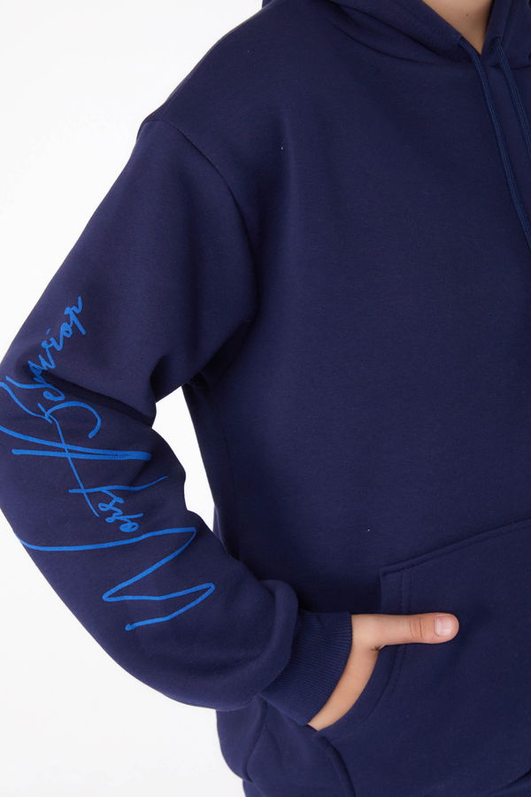 Düz Kapşonlu Yaka Kadın Lacivert Baskılı Sweatshirt - 26279 LACİVERT